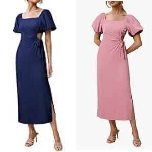 BIUBIU Women's Cutout Midi Dress Short Sleeve Pink/Navy Blue Side‎ Slit NWT